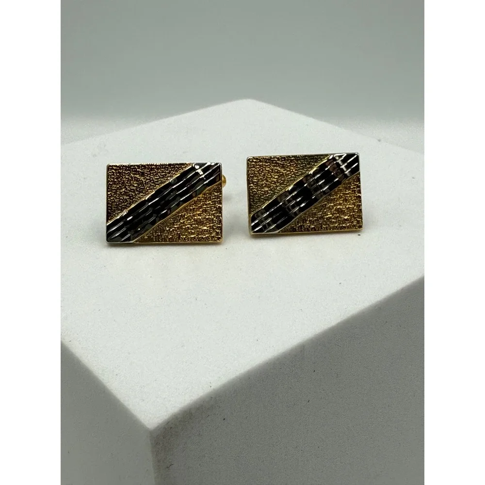 Vintage Two Tone Gold Silver Stripe Rectangular Cufflinks Textured Geometric